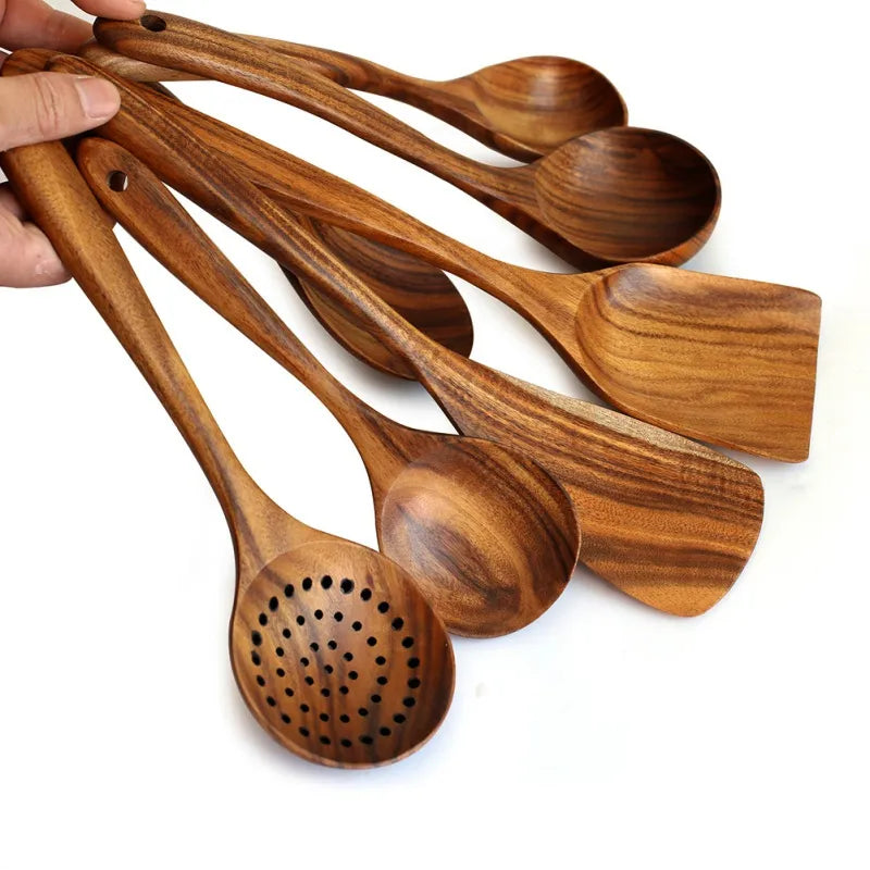 Teak Wood Kitchen Set - 1-7pcs Natural Tableware - BnBeeSupplies